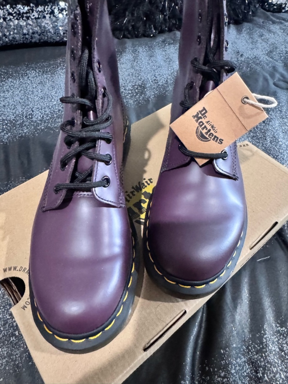 Dr. Martens Purple Leather 8-Eye Combat Boots with Yellow Stitching - Picture 2 of 5